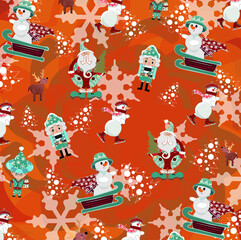 Illustration with snowman, deers, elfs and Santa on the orange background
