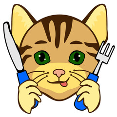emoji with drooling hungry cat that is ready to eat & sticking his tongue out with fork and knife in his hands, simple colored emoticon