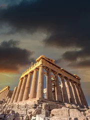 Fototapete Athen Athens Greece, scenic view of Parthenon ancient Greek temple under dramatic sky, filtered image