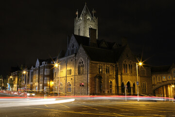 Christ Church Cathedral and city centre at night in Dublin, Ireland 