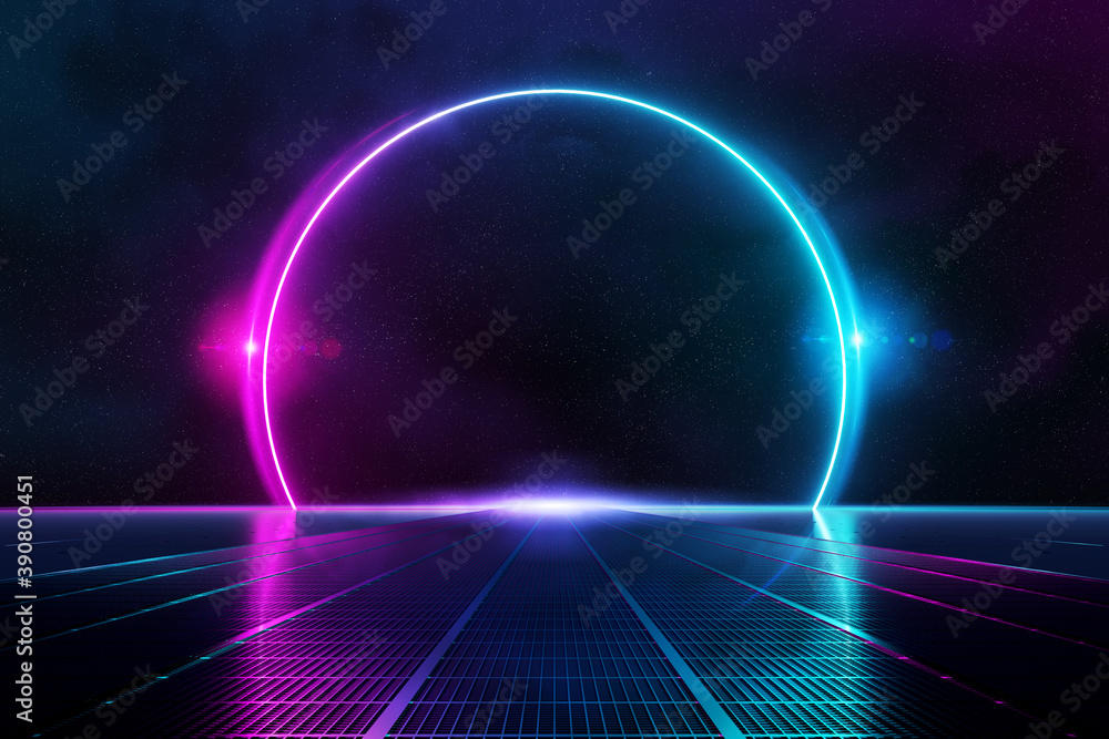 Aufkleber Abstract background pathway leading to blue and pink neon light circle reflecting on the floor 3D rendering