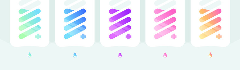 Fototapeta premium Contactless automatic hand sanitizer dispensers, used to prevent germ transmission and slow down coronavirus spread, lined up in row. Flat vector illustration with colorful gradients in banner format.