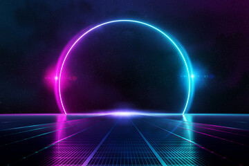 Abstract background pathway leading to blue and pink neon light circle reflecting on the floor 3D rendering