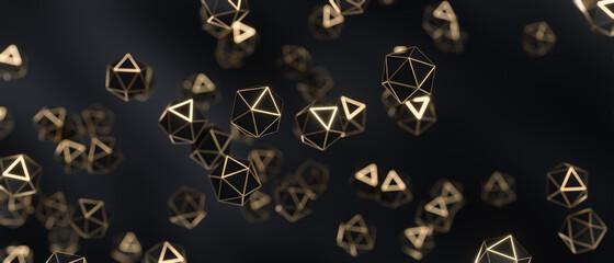 Abstract golden polyhedron particles background. 3d rendering - illustration. - obrazy, fototapety, plakaty