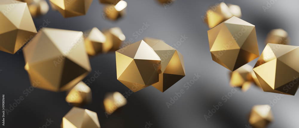 Poster abstract golden polyhedron particles background. 3d rendering - illustration.