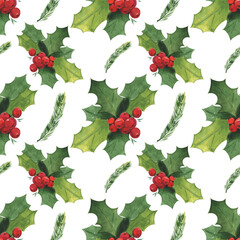 Christmas seamless background in vintage styled watercolor with holly berries and bullfinches. Text in back is not readable.