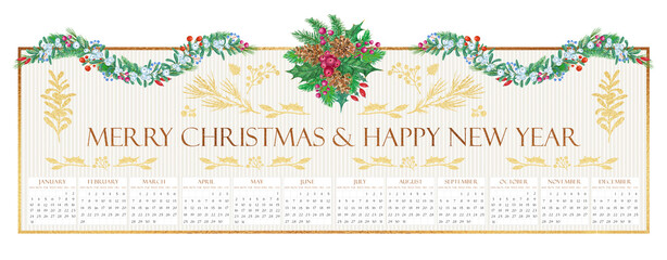 2021 calendar Merry Christmas and Happy New Year with winter plants and golden elements
