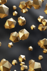 Abstract golden polyhedron particles background. 3d rendering - illustration.