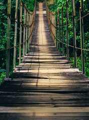 Fototapeta na wymiar Old wooden hanging bridge in the forest