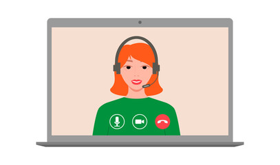 Call center. Woman in headphones with a microphone speaks by video link. Virtual meeting with colleagues. Remote online meeting. Quarantine and social distancing. Vector.