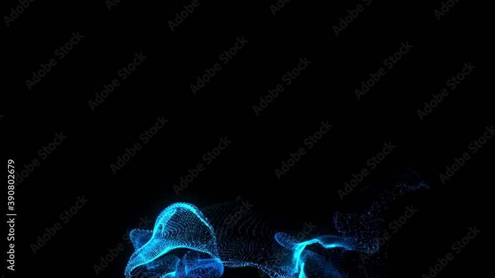 Poster abstract floating blue particles. 3d animation of dynamic particles in the air with depth of field. 
