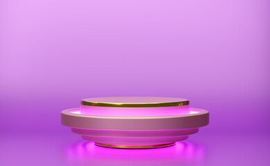 Podium empty with geometric shapes  in purple or violet composition for modern stage display and minimalist mockup ,abstract showcase background ,Concept 3d illustration or 3d render