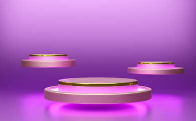Podium empty with geometric shapes  in purple or violet composition for modern stage display and minimalist mockup ,abstract showcase background ,Concept 3d illustration or 3d render