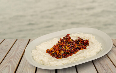 Top view Traditional Turkish appetizer meze -Terleten. Isolated white background
