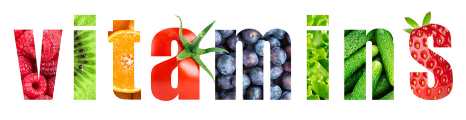 Vitamins. Collage of fruits and vegetables. Vitamins word
