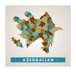 Azerbaijan map. Country poster with regions. Old grunge texture. Shape of Azerbaijan with country name. Powerful vector illustration.