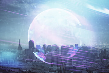 Double exposure of technology theme hologram and cityscape background. Concept of Hightech.