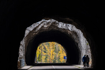 Obraz premium two people in the tunnel, Yecla gorge, Santo Domingo de Silos, Burgos province, Spain