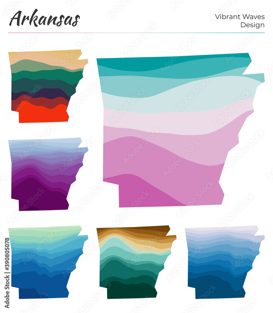 Poster set of vector maps of arkansas. vibrant waves design. bright map of us state in geometric smooth cur
