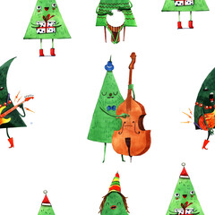 Seamless pattern illustration which contains christmas freak trees with music instruments isolated on white background - 390805063