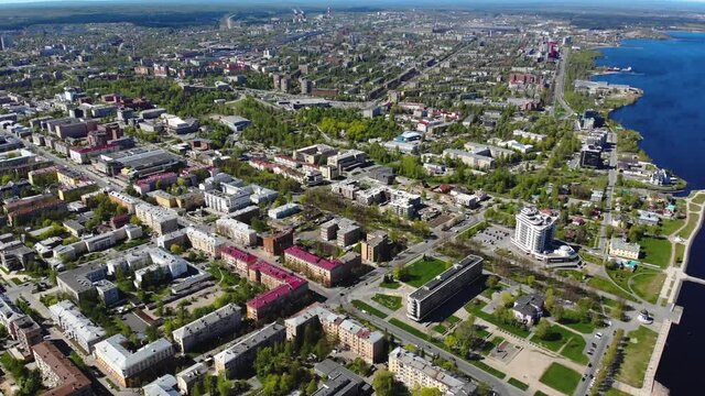 Beautiful aerial air summer vibrant view of Petrozavodsk, Russia, the administrative center of Republic of Karelia, with Onega Lake shot from drone
