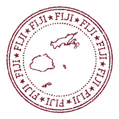 Fiji round rubber stamp with country map. Vintage red passport stamp with circular text and stars, vector illustration.