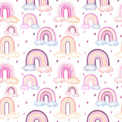 Watercolor cute boho style kids seamless pattern. Hand drawn rainbow and clouds in pastel colors. Scandinavian style for fabric, wallpaper, clothes, swaddles, apparel, planner, sticker