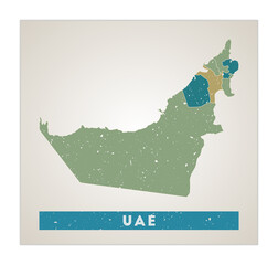 UAE map. Country poster with regions. Old grunge texture. Shape of UAE with country name. Charming vector illustration.