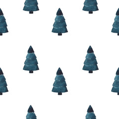 Watercolor Christmas fir tree seamless pattern. Hand drawn winter holiday background. Indigo blue color digital paper for fabric print, wrapping, scrapbook.