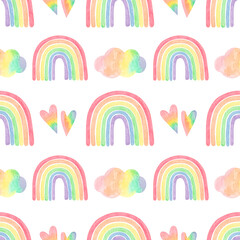 Watercolor cute boho style kids seamless pattern. Hand drawn rainbow and clouds in pastel colors. Scandinavian style for fabric, wallpaper, clothes, swaddles, apparel, planner, sticker