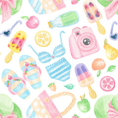 Watercolor Summer seamless pattern. Ice cream, sandals, swimsuit, hat, camera and other travel elements. Hello Summer pattern