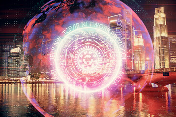 Double exposure of technology theme hologram and cityscape background. Concept of Hightech.