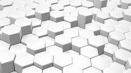 Abstract 3D geometric background, white hexagons shapes stacks, render technology illustration.