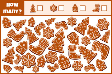 Educational mathematical game. Count the number of christmas gingerbreads. Count how many christmas gingerbreads. Counting game for children.