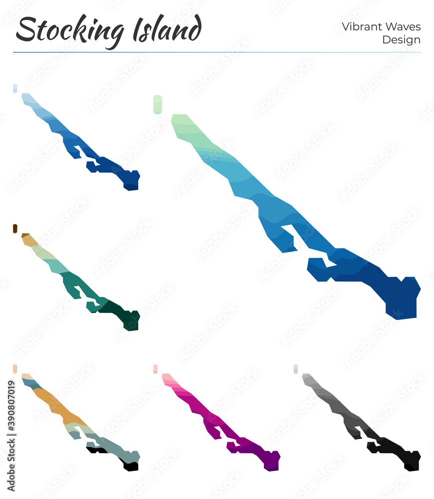 Poster set of vector maps of stocking island. vibrant waves design. bright map of island in geometric smoot