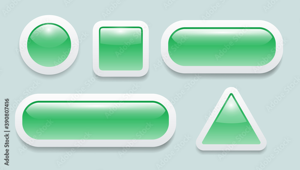 Poster buttons 3d green set, shiny collection water soft vector icons.