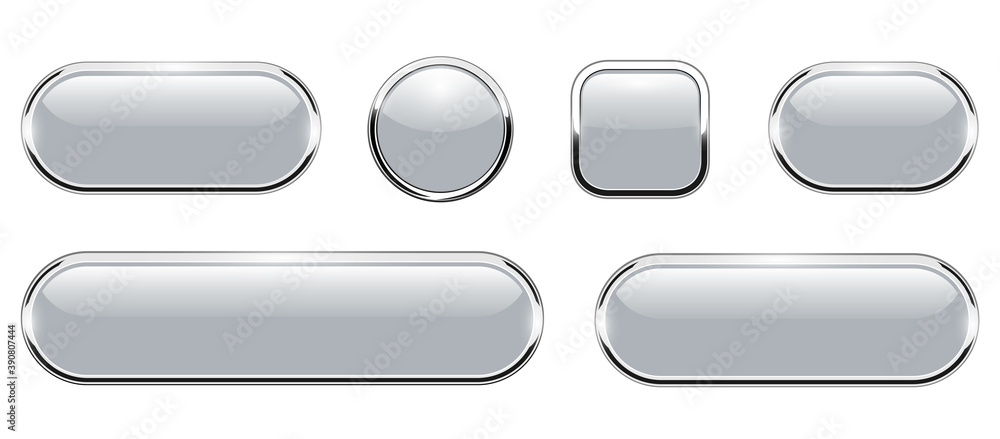 Aufkleber Grey shiny buttons set, glossy isolated icons with metallic chrome elements, vector illustration.