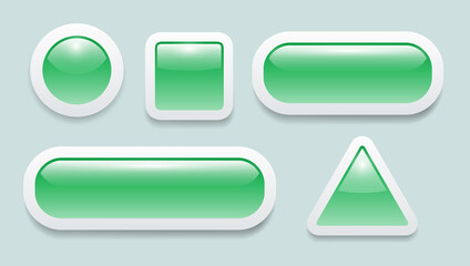 Buttons 3D green set, shiny collection water soft vector icons.