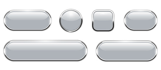 Grey shiny buttons set, glossy isolated icons with metallic chrome elements, vector illustration.