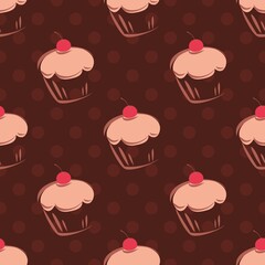 Seamless vector pattern or tile background with cherry cupcakes, muffins, sweet cake and polka dots on chocolate brown background