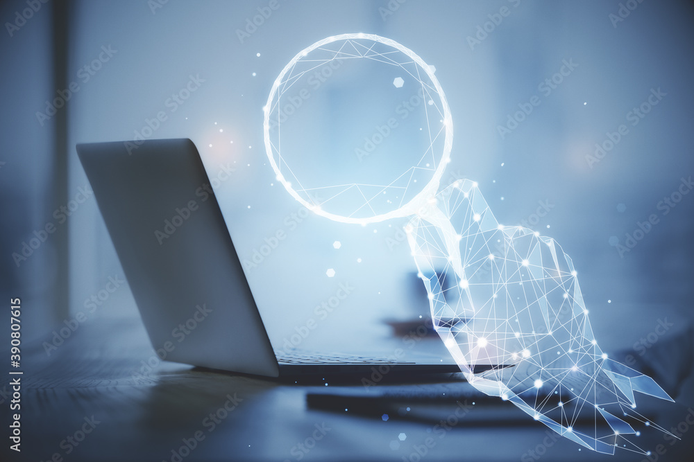 Poster Desktop computer background in office and start up theme hologram drawing. Double exposure. Startup concept.