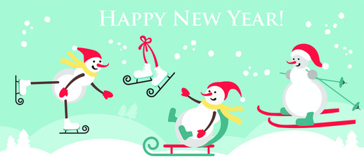 SNOWMEN SKI AND SKATE Pattern for New Year & Christmas, icon set. Vector illustration