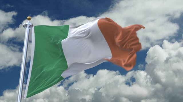 4k looping flag of Ireland with flagpole waving in wind;timelapse rolling clouds background.A fully digital rendering.