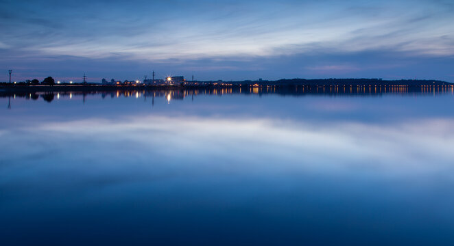Night lights of town Vyshgorod on the Kiev Sea, Ukraine