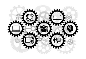 An education concept with gears, related with university and work, industrial education, clipart, education related illustration, graduation, diploma