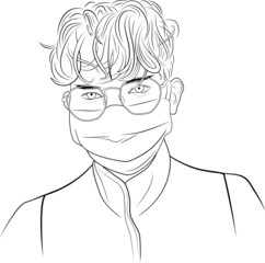 Vector Illustration Adult Coloring Book Page Young Man in Medical Mask Isolated Elements White Background