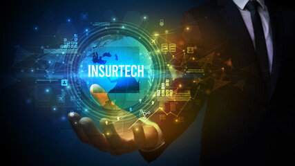 Elegant hand holding INSURTECH inscription, digital technology concept