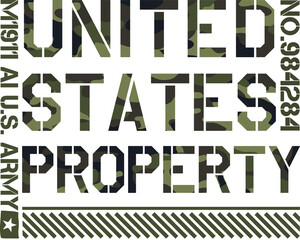 T-shirt design in military army style with camouflage texture. United states property typography with slogan for shirt print. t-shirt mockup with graphic print. Vector