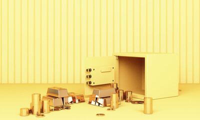 Realistic 3D render illustration of an open safe box with gold bars and coin in yellow tone