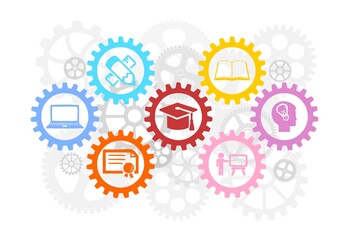 An education concept with gears, related with university and work, industrial education, clipart, education related illustration, graduation, diploma